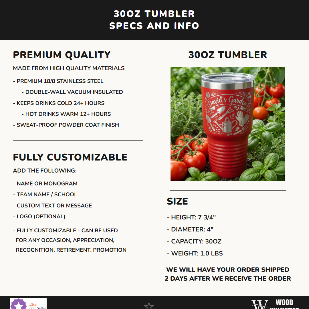 Personalized Gardener Tumbler, Custom Gardening Gift for Women & Men, Laser Engraved Garden Lover Mug, Rustic Floral Tool Design