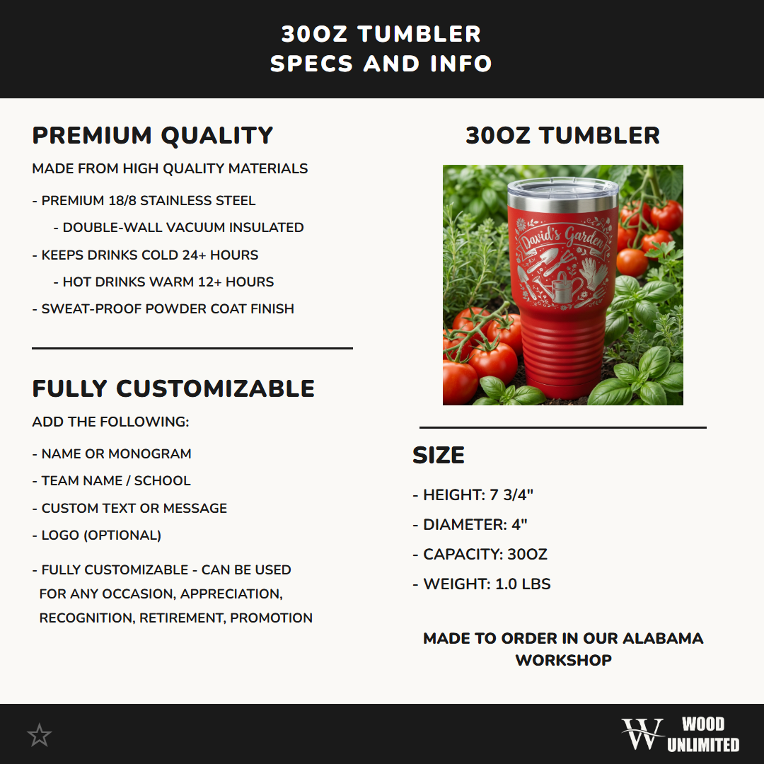Personalized Gardener Tumbler, Custom Gardening Gift for Women & Men, Laser Engraved Garden Lover Mug, Rustic Floral Tool Design
