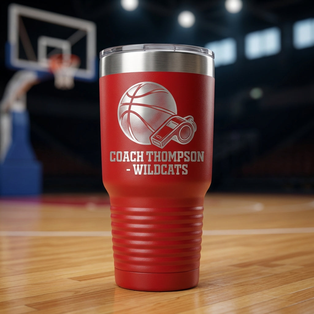 Personalized Basketball Coach Gift Tumbler - End of Season Appreciation - Laser Engraved Durable Tumbler - Custom Name - View 1