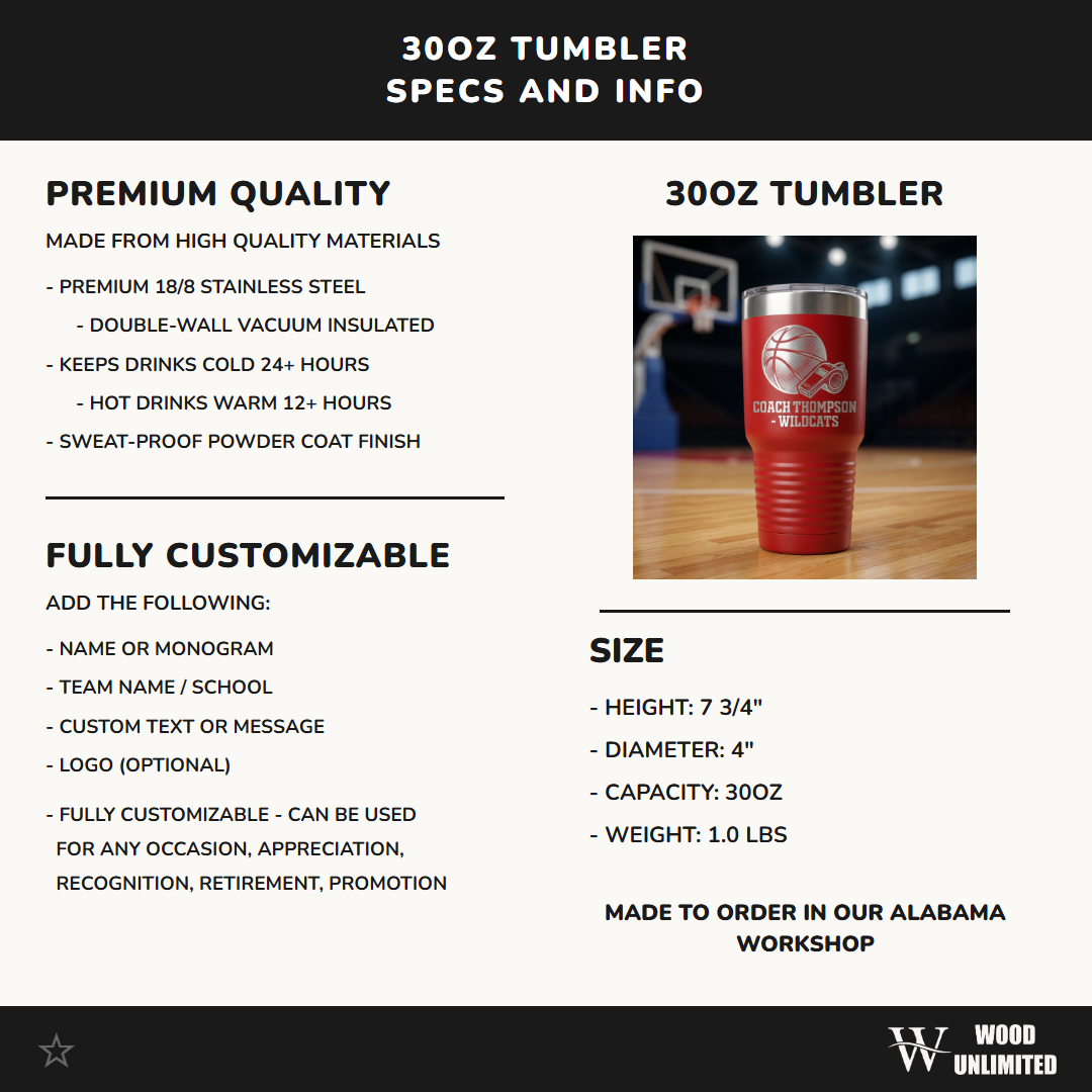Personalized Basketball Coach Gift Tumbler - End of Season Appreciation - Laser Engraved Durable Tumbler - Custom Name