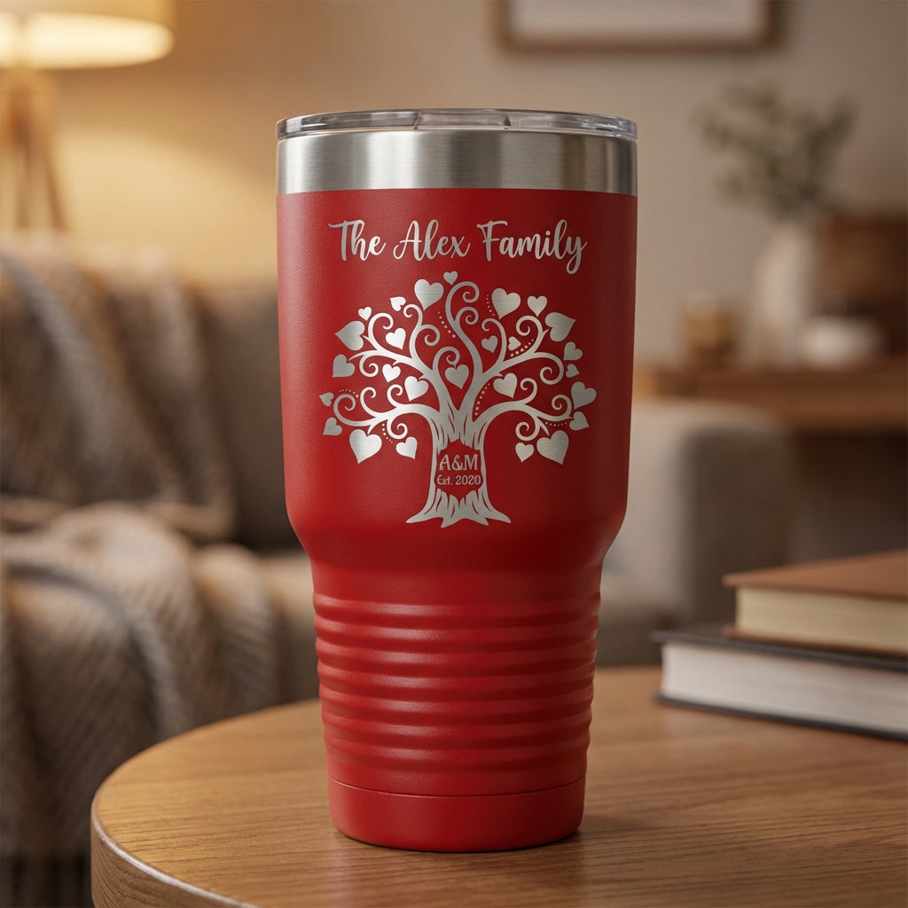 Personalized Family Tree Tumbler Gift - Custom Family Name & Initials - Laser Engraved 30oz Stainless Steel Mug - Anniversary Wedding Housewarming - View 1
