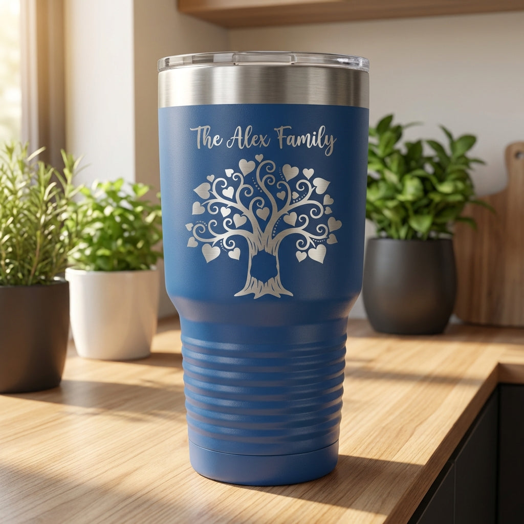 Personalized Family Tree Tumbler Gift - Custom Family Name & Initials - Laser Engraved 30oz Stainless Steel Mug - Anniversary Wedding Housewarming - View 2