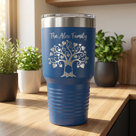 Personalized Family Tree Tumbler Gift - Custom Family Name & Initials - Laser Engraved 30oz Stainless Steel Mug - Anniversary Wedding Housewarming - View 2