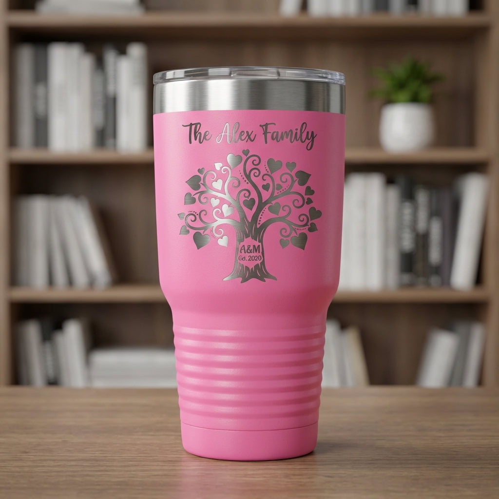 Personalized Family Tree Tumbler Gift - Custom Family Name & Initials - Laser Engraved 30oz Stainless Steel Mug - Anniversary Wedding Housewarming - View 3
