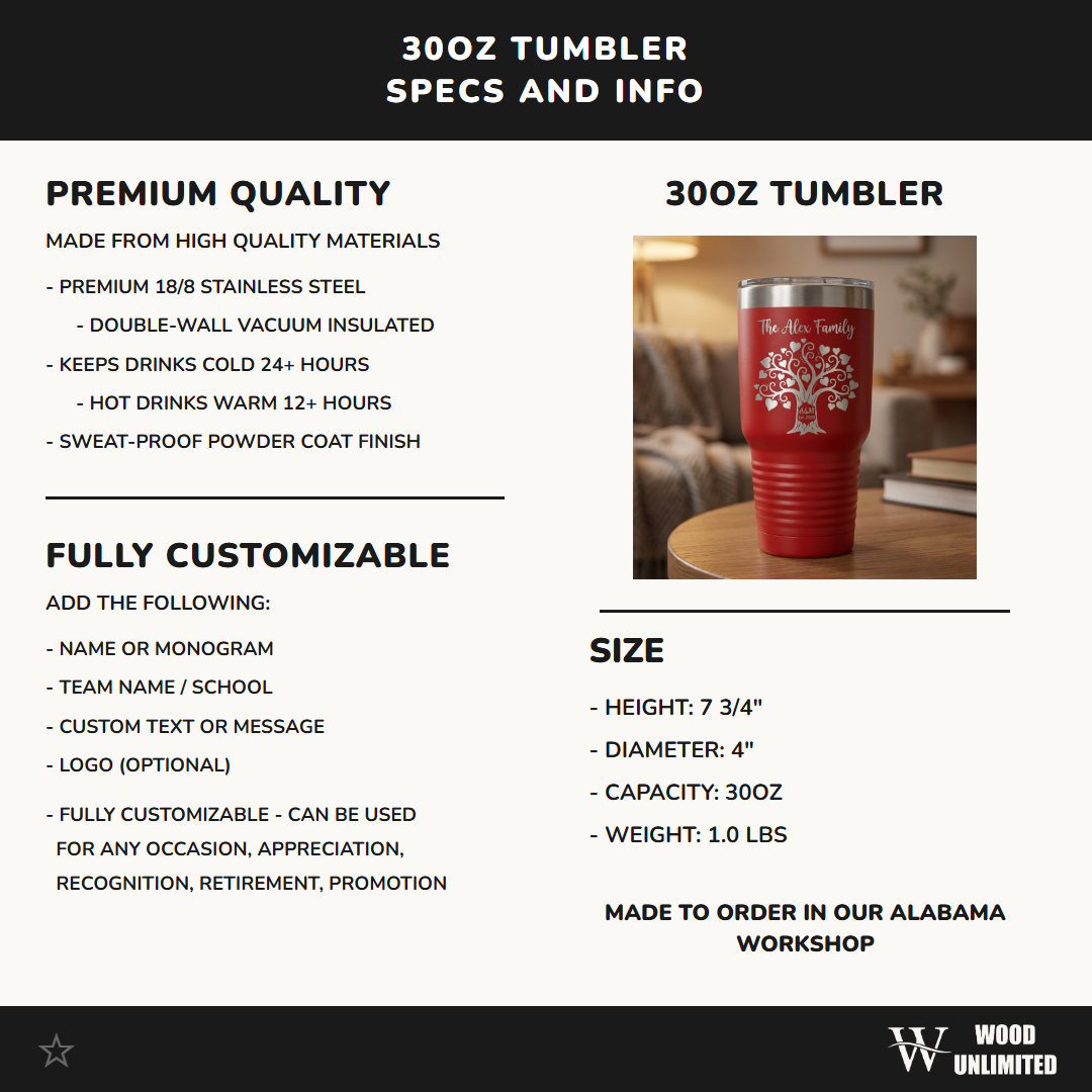 Personalized Family Tree Tumbler - Custom Family Name & Initials - Laser Engraved 30oz Anniversary Gift