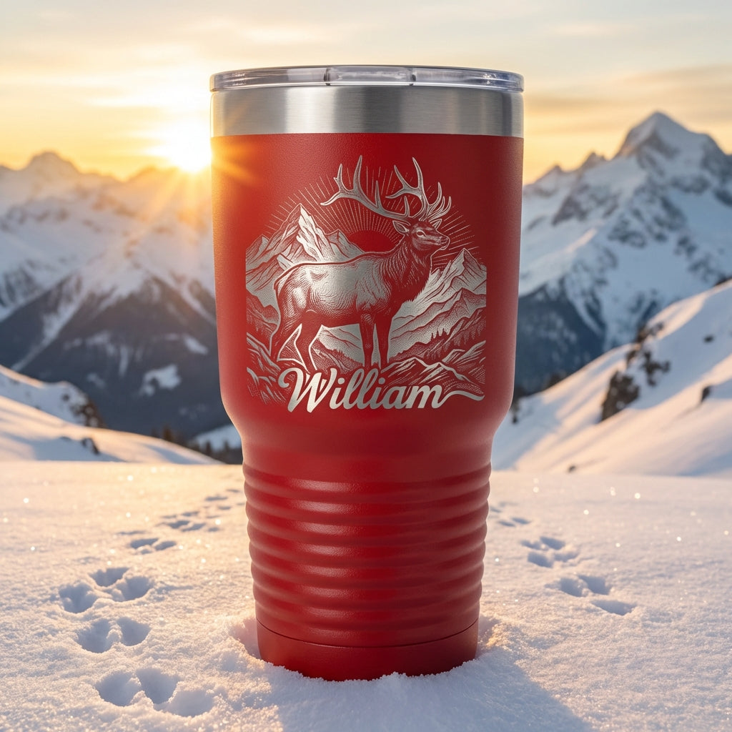 Personalized Elk Tumbler, Mountain Nature Lover Gift, Wildlife Laser Engraved 30oz Tumbler, Custom Outdoorsman Drinkware - View 1