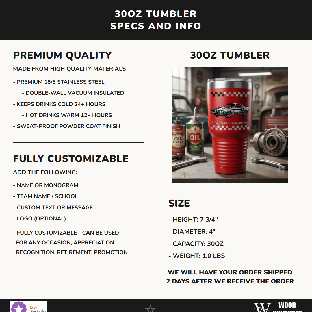 Personalized Classic Car Enthusiast Tumbler | Vintage Muscle Car Gift | Laser Engraved 30oz | Custom Text | Car Guy Gift Idea