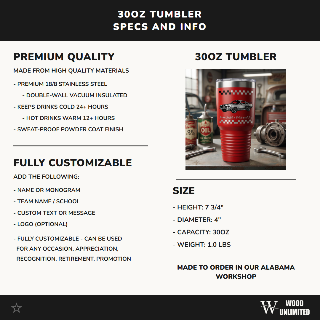 Personalized Classic Car Enthusiast Tumbler | Vintage Muscle Car Gift | Laser Engraved 30oz | Custom Text | Car Guy Gift Idea