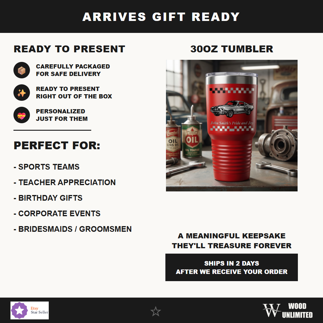 Personalized Classic Car Enthusiast Tumbler | Vintage Muscle Car Gift | Laser Engraved 30oz | Custom Text | Car Guy Gift Idea
