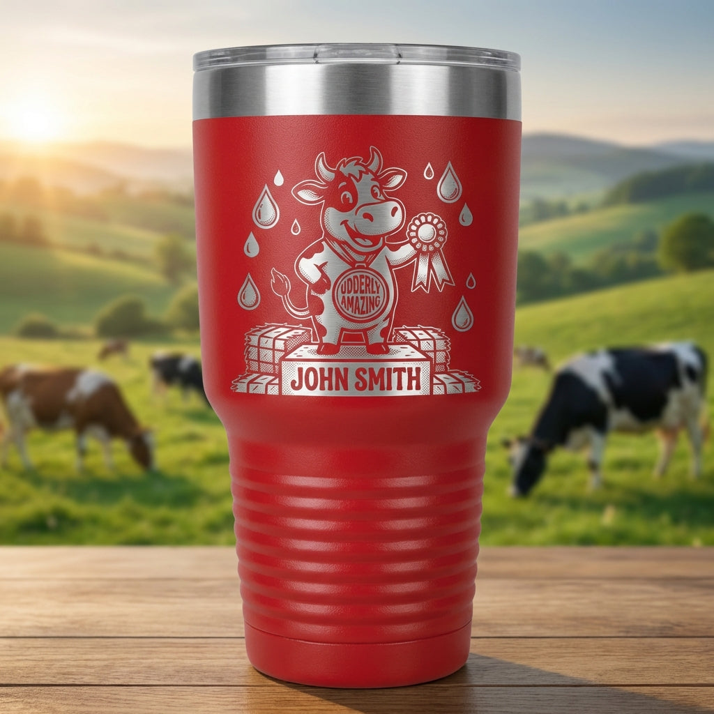 Personalized Farmer Gift Tumbler | Custom Farm Award | Laser Engraved Farmer Drinkware | Udderly Amazing Cow Medal | Durable 30oz - View 1