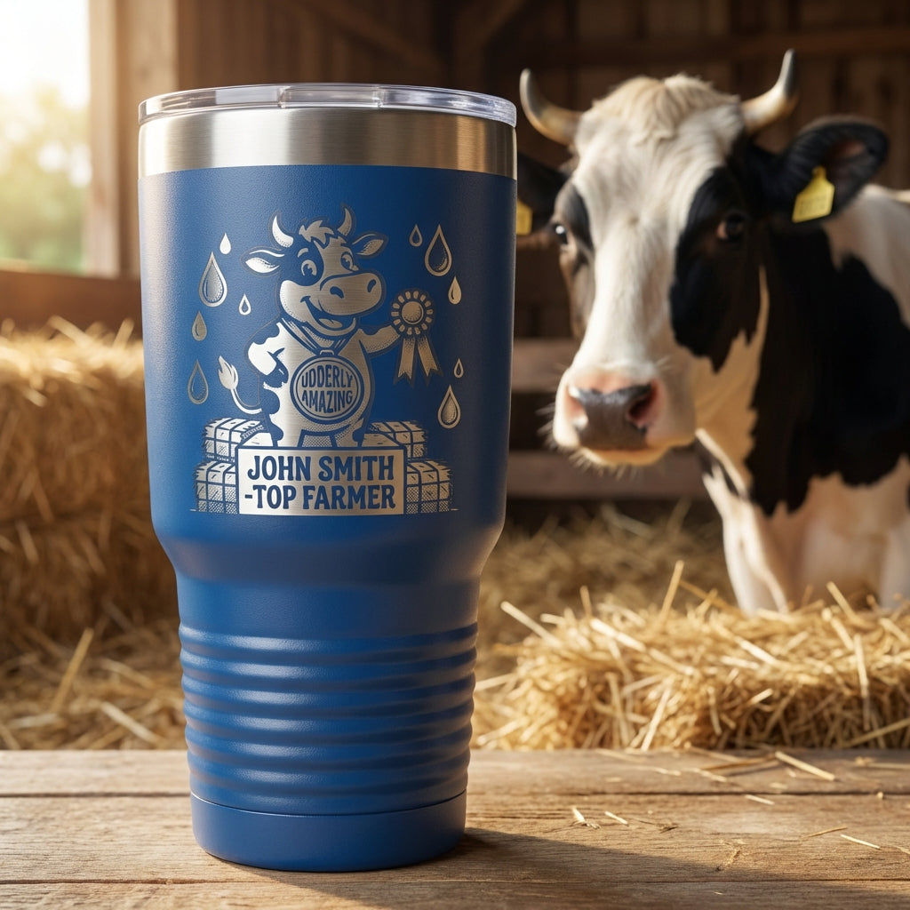 Personalized Farmer Gift Tumbler | Custom Farm Award | Laser Engraved Farmer Drinkware | Udderly Amazing Cow Medal | Durable 30oz - View 2