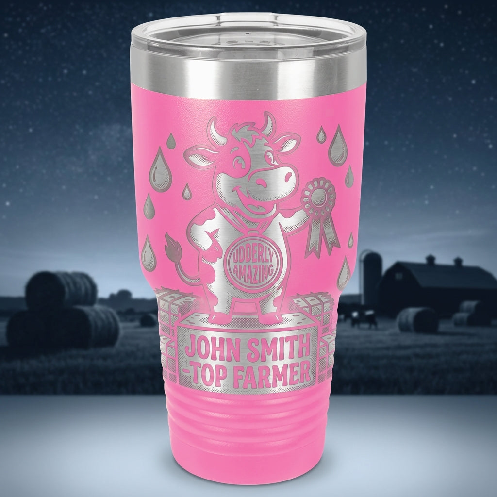 Personalized Farmer Gift Tumbler | Custom Farm Award | Laser Engraved Farmer Drinkware | Udderly Amazing Cow Medal | Durable 30oz - View 3