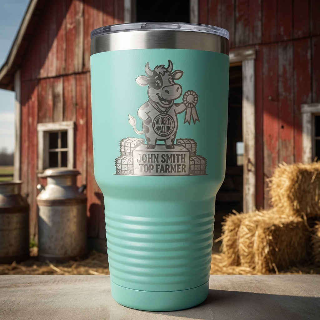 Personalized Farmer Gift Tumbler | Custom Farm Award | Laser Engraved Farmer Drinkware | Udderly Amazing Cow Medal | Durable 30oz - View 4