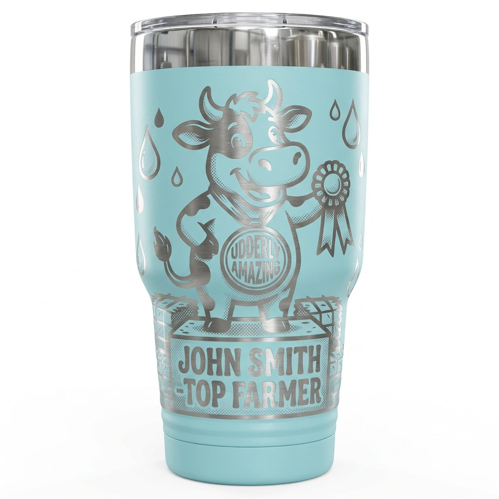 Personalized Farmer Gift Tumbler | Custom Farm Award | Laser Engraved Farmer Drinkware | Udderly Amazing Cow Medal | Durable 30oz - View 5