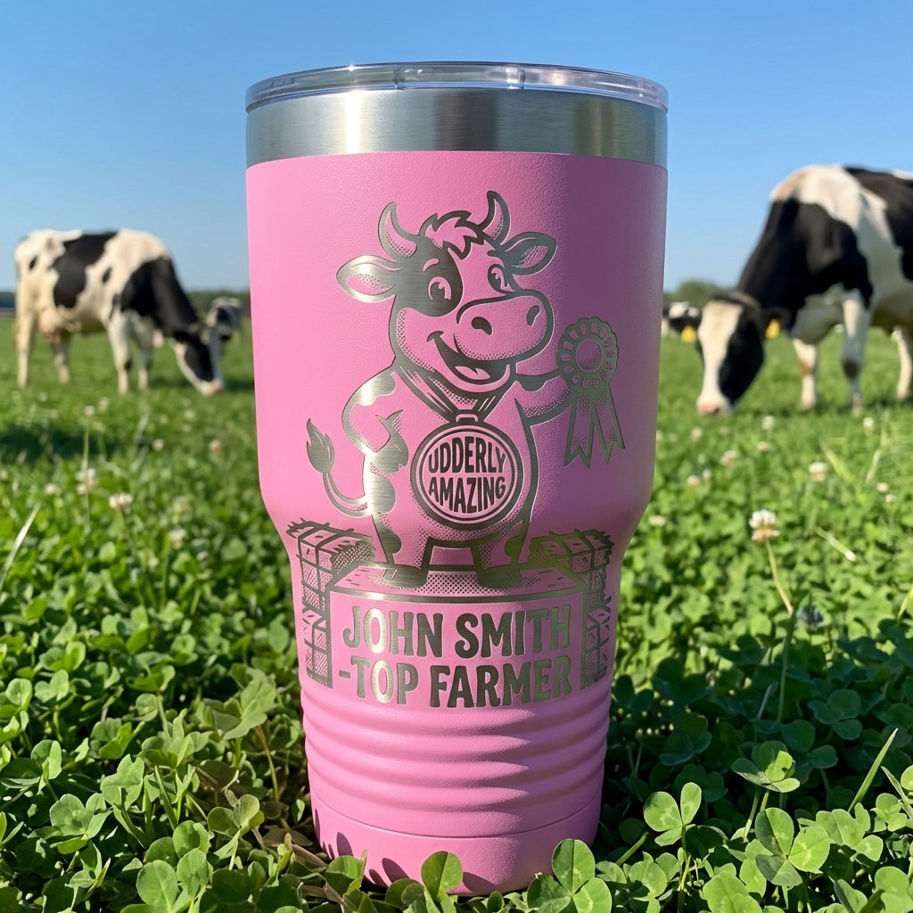 Personalized Farmer Gift Tumbler | Custom Farm Award | Laser Engraved Farmer Drinkware | Udderly Amazing Cow Medal | Durable 30oz - View 6