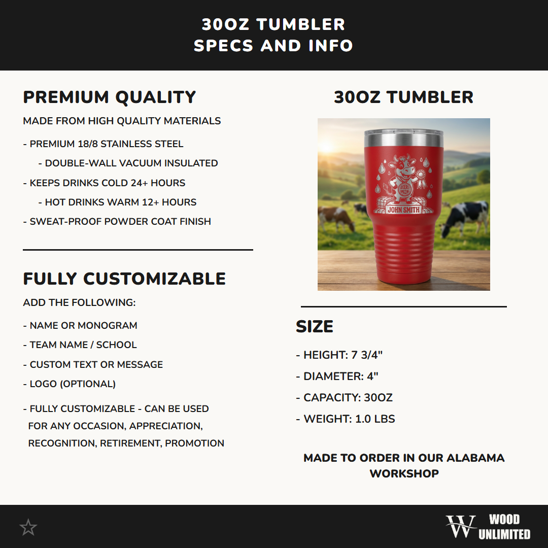 Personalized Farmer Gift Tumbler | Custom Farm Award | Laser Engraved Farmer Drinkware | Udderly Amazing Cow Medal | Durable 30oz