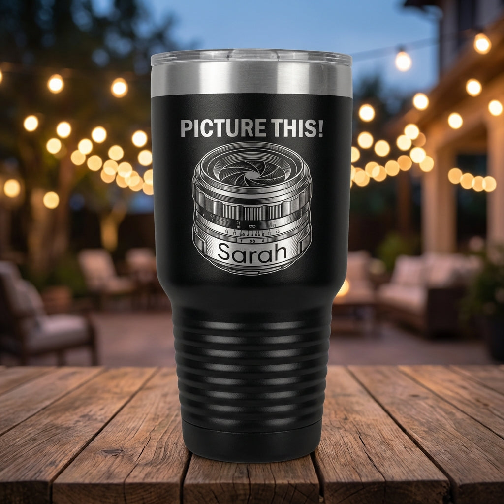 Personalized Photographer Gift Tumbler - Photography Lover Birthday - Laser Engraved Camera Lens - Custom Name - View 1