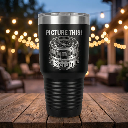 Personalized Photographer Gift Tumbler - Photography Lover Birthday - Laser Engraved Camera Lens - Custom Name - View 1