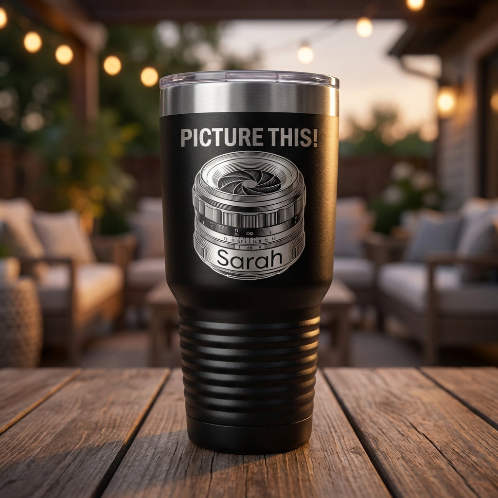 Personalized Photographer Gift Tumbler - Photography Lover Birthday - Laser Engraved Camera Lens - Custom Name - View 11