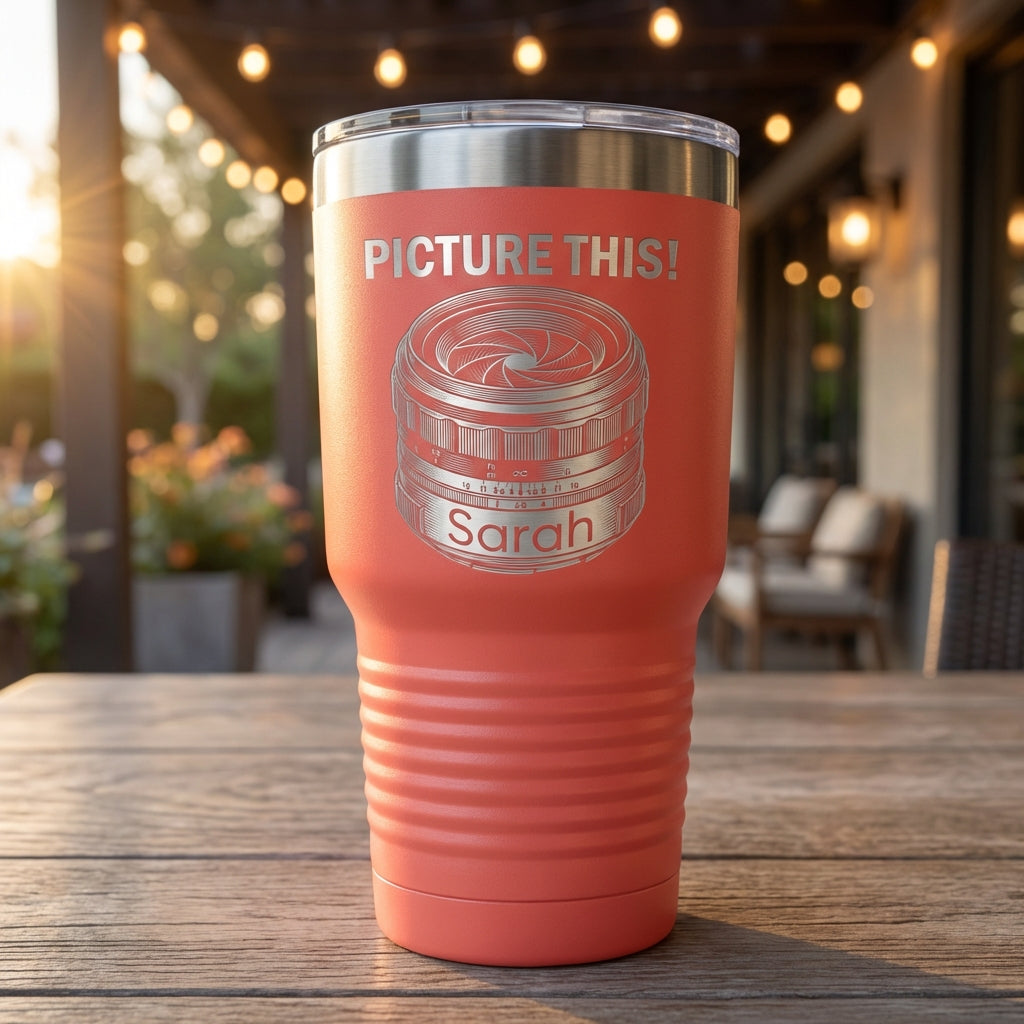 Personalized Photographer Gift Tumbler - Photography Lover Birthday - Laser Engraved Camera Lens - Custom Name - View 12