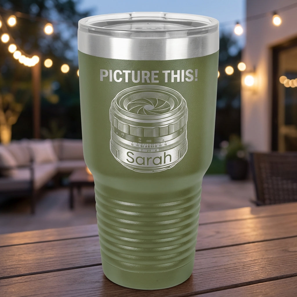 Personalized Photographer Gift Tumbler - Photography Lover Birthday - Laser Engraved Camera Lens - Custom Name - View 13