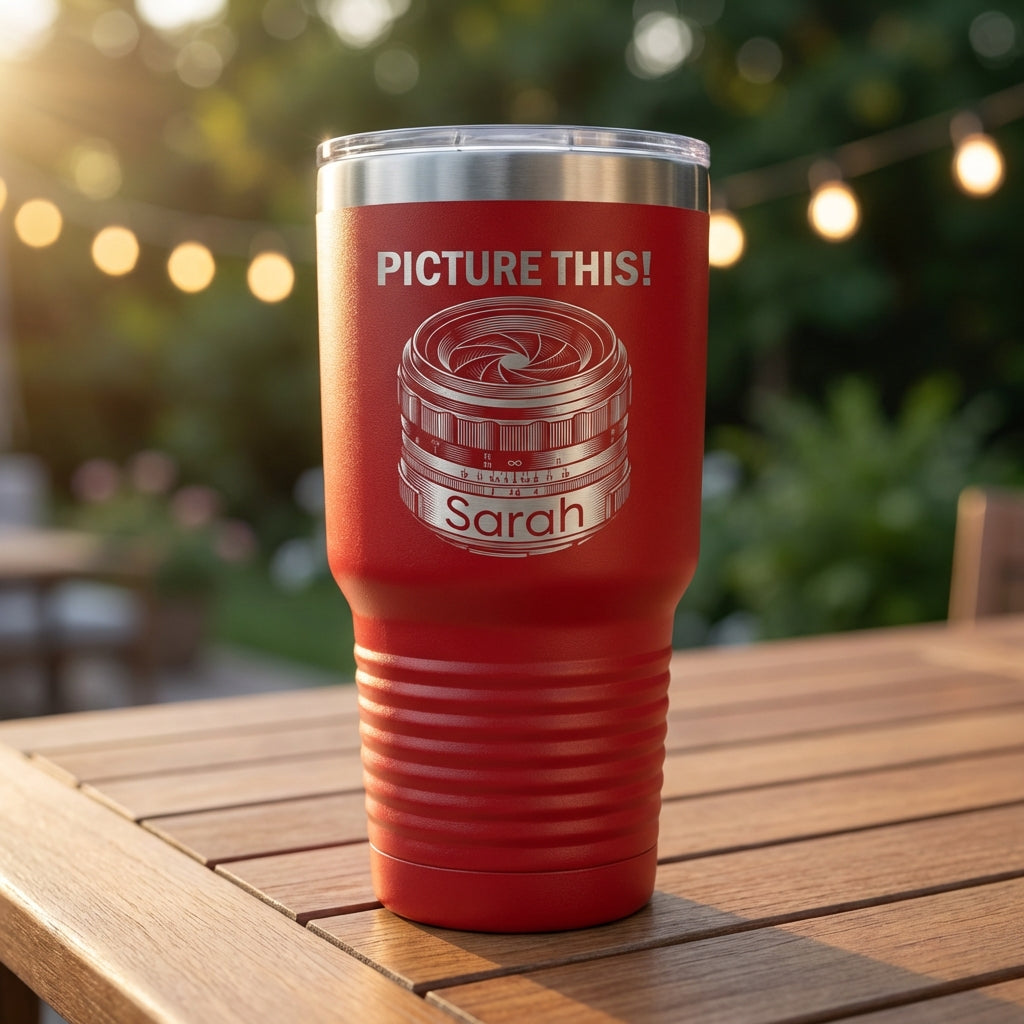 Personalized Photographer Gift Tumbler - Photography Lover Birthday - Laser Engraved Camera Lens - Custom Name - View 2