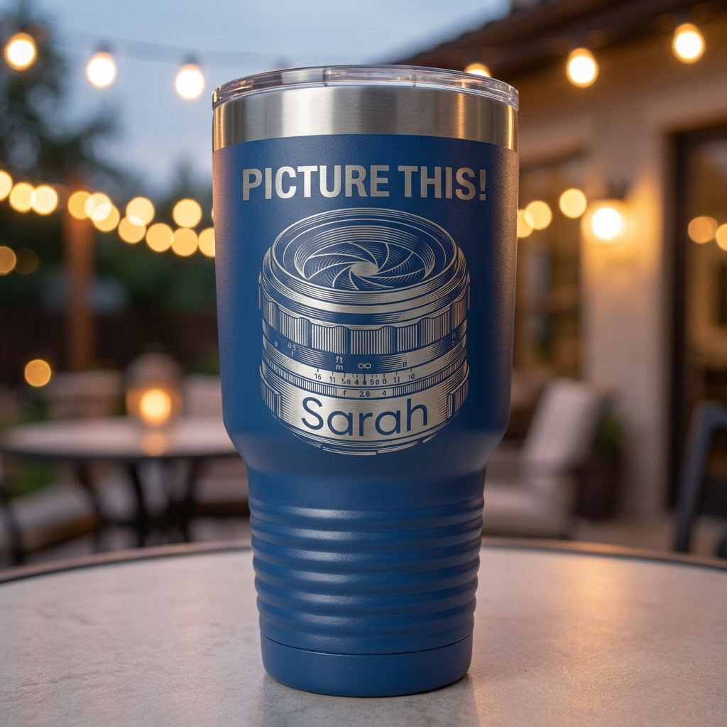 Personalized Photographer Gift Tumbler - Photography Lover Birthday - Laser Engraved Camera Lens - Custom Name - View 3