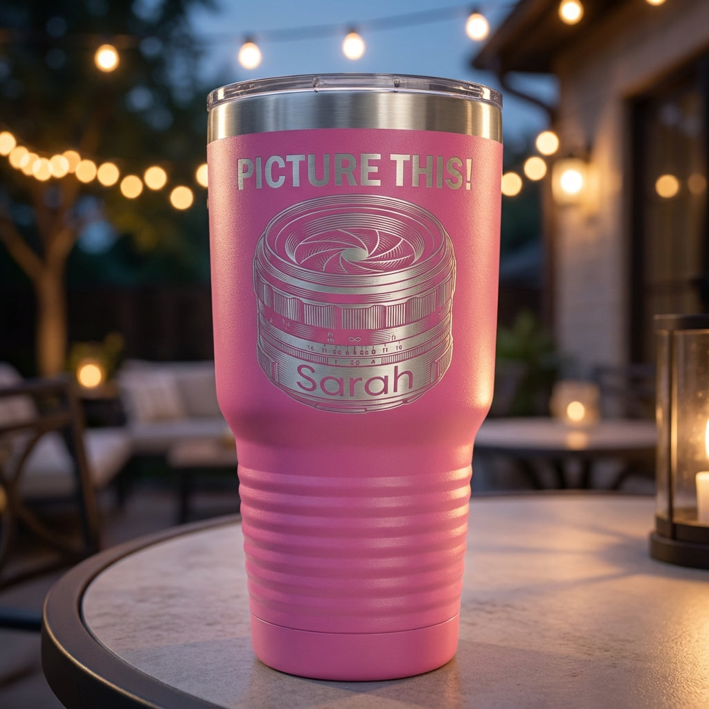 Personalized Photographer Gift Tumbler - Photography Lover Birthday - Laser Engraved Camera Lens - Custom Name - View 4