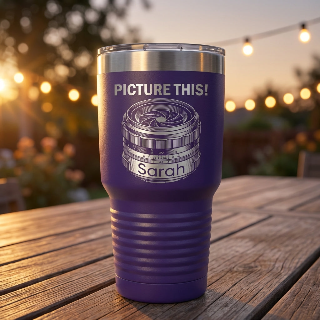 Personalized Photographer Gift Tumbler - Photography Lover Birthday - Laser Engraved Camera Lens - Custom Name - View 7