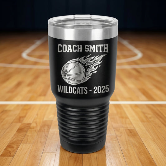 Personalized Basketball Coach Tumbler Gift - Custom Name Laser Engraved 30oz Stainless Steel - End of Season Thank You Coach - View 1