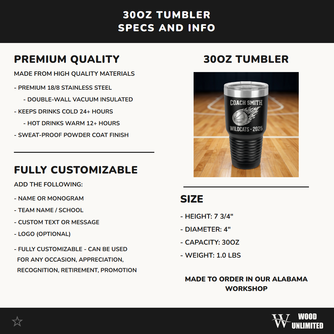 Personalized Basketball Coach Tumbler Gift - Custom Name Laser Engraved 30oz Stainless Steel - End of Season Thank You Coach