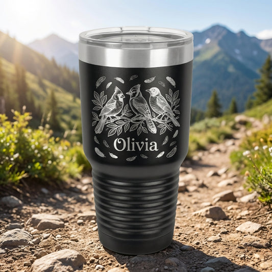 Personalized Bird Lover Gift 30oz Tumbler - Nature Inspired Wildlife Art - Laser Engraved Custom Name Drinkware - View 1