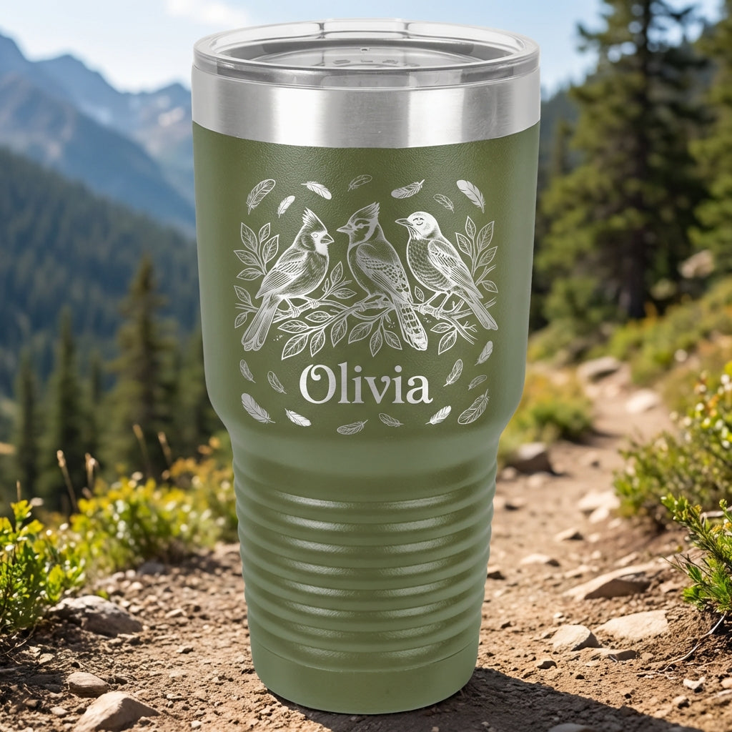 Personalized Bird Lover Gift 30oz Tumbler - Nature Inspired Wildlife Art - Laser Engraved Custom Name Drinkware - View 11