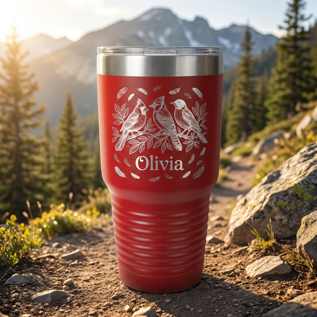 Personalized Bird Lover Gift 30oz Tumbler - Nature Inspired Wildlife Art - Laser Engraved Custom Name Drinkware - View 2
