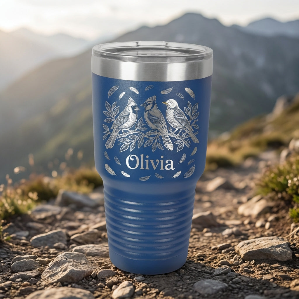Personalized Bird Lover Gift 30oz Tumbler - Nature Inspired Wildlife Art - Laser Engraved Custom Name Drinkware - View 3