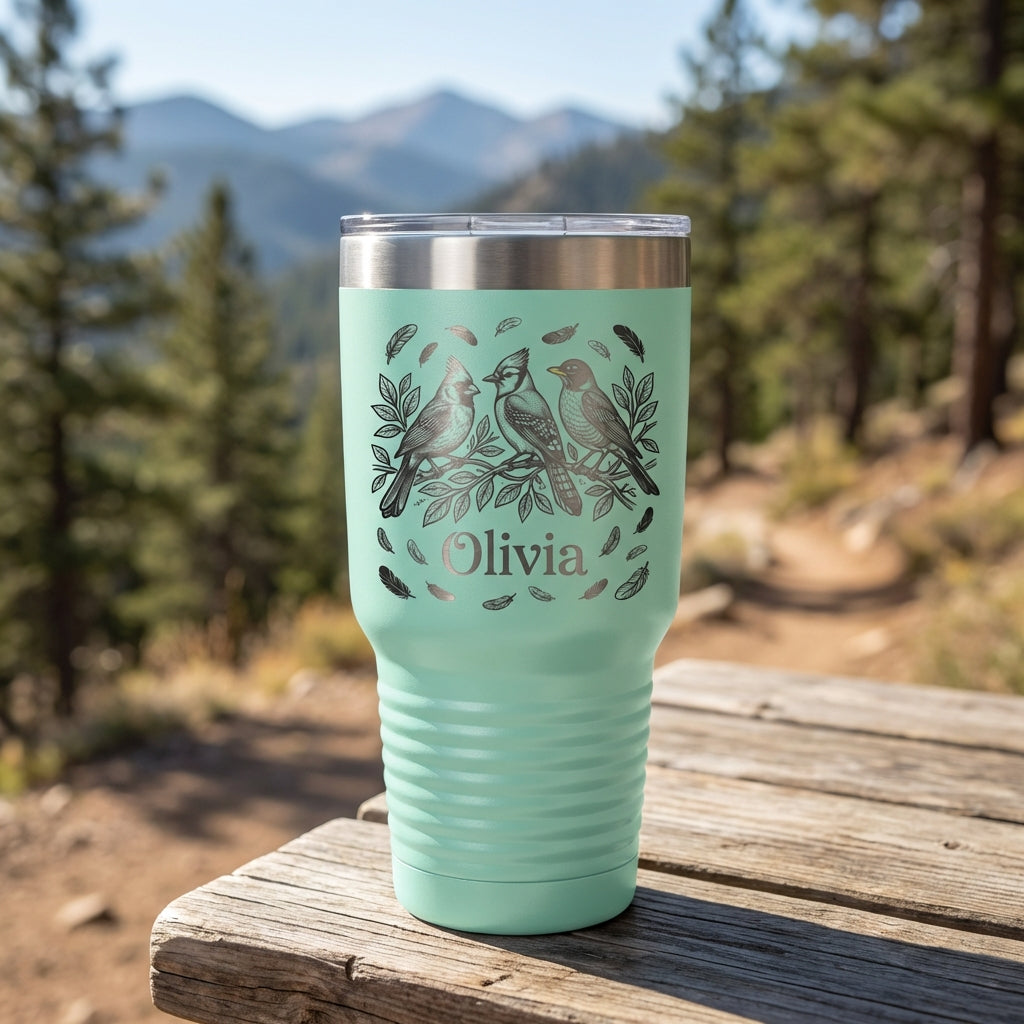 Personalized Bird Lover Gift 30oz Tumbler - Nature Inspired Wildlife Art - Laser Engraved Custom Name Drinkware - View 5