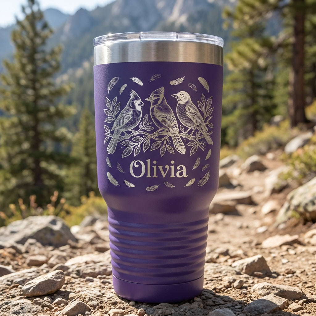 Personalized Bird Lover Gift 30oz Tumbler - Nature Inspired Wildlife Art - Laser Engraved Custom Name Drinkware - View 6