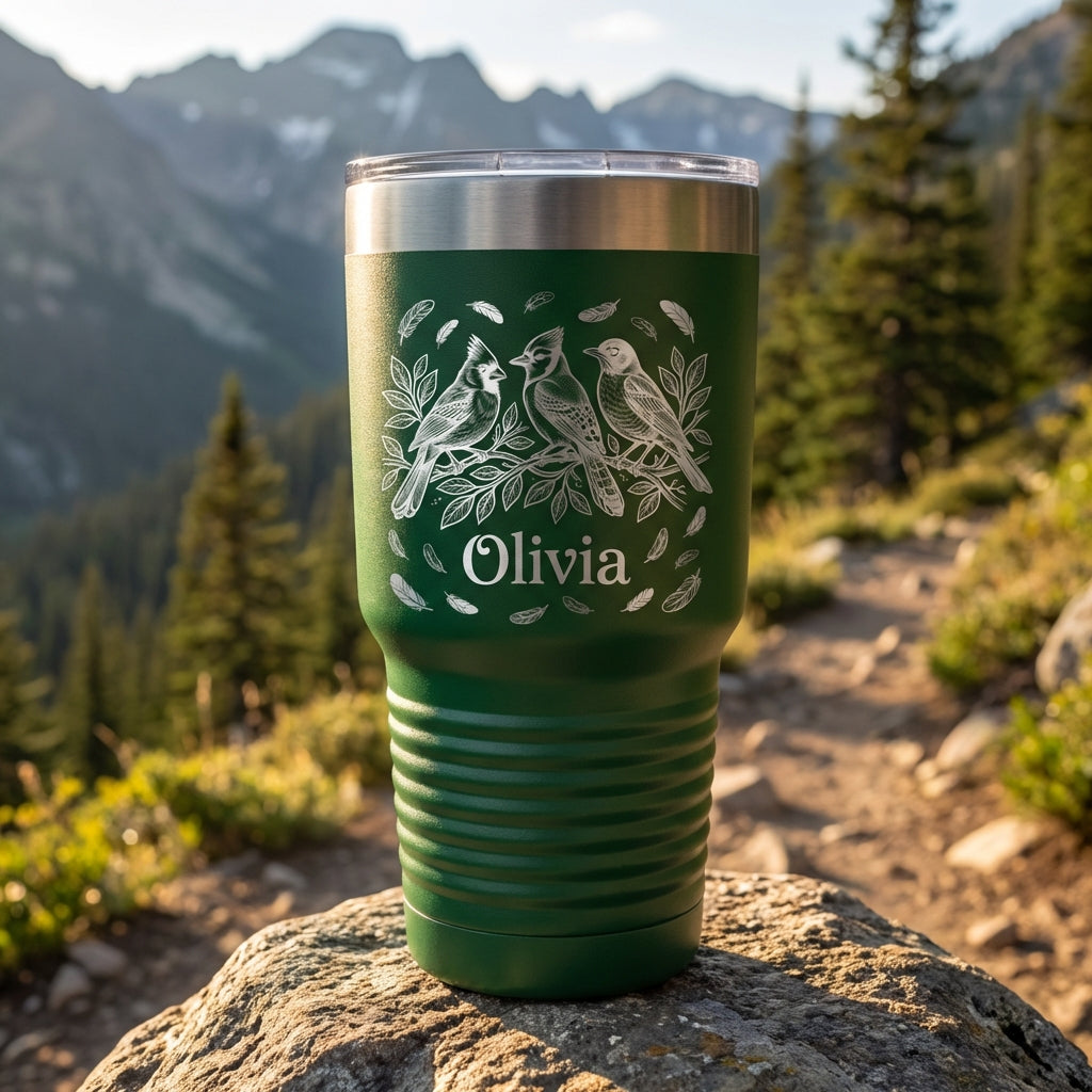 Personalized Bird Lover Gift 30oz Tumbler - Nature Inspired Wildlife Art - Laser Engraved Custom Name Drinkware - View 9