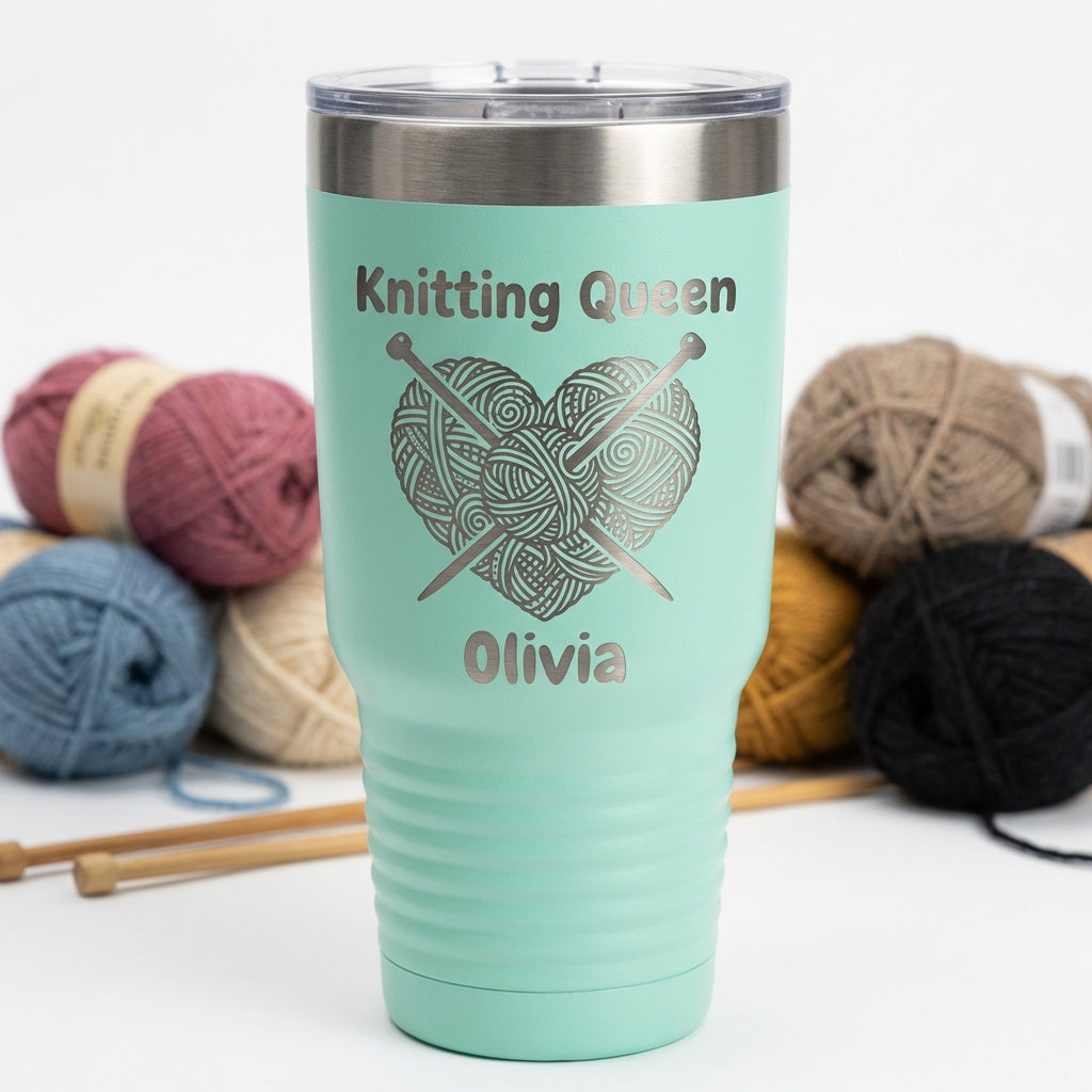 Personalized Knitting Queen Tumbler Gift - Crafter Birthday Present - Laser Engraved 30oz Insulated Cup - Custom Name - View 5