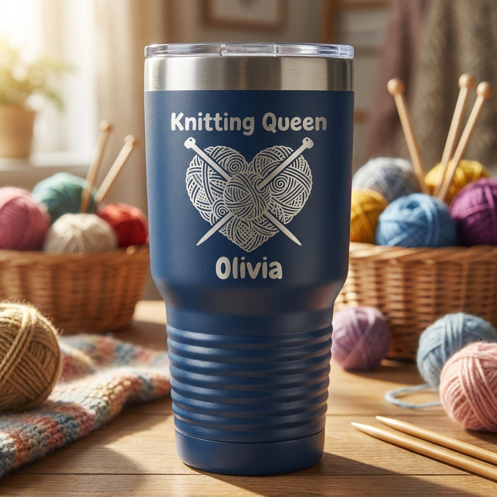 Personalized Knitting Queen Tumbler Gift - Crafter Birthday Present - Laser Engraved 30oz Insulated Cup - Custom Name - View 7