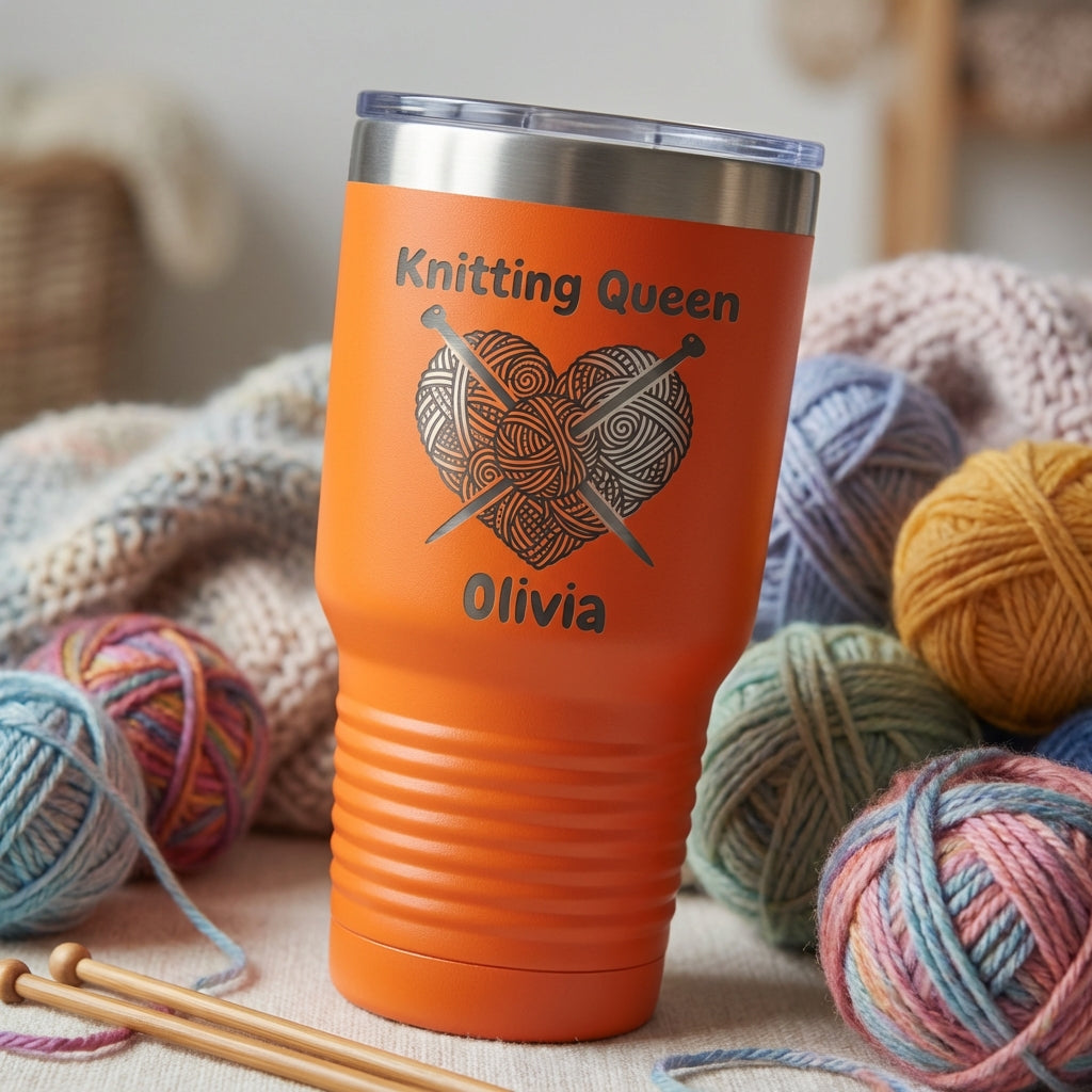 Personalized Knitting Queen Tumbler Gift - Crafter Birthday Present - Laser Engraved 30oz Insulated Cup - Custom Name - View 8