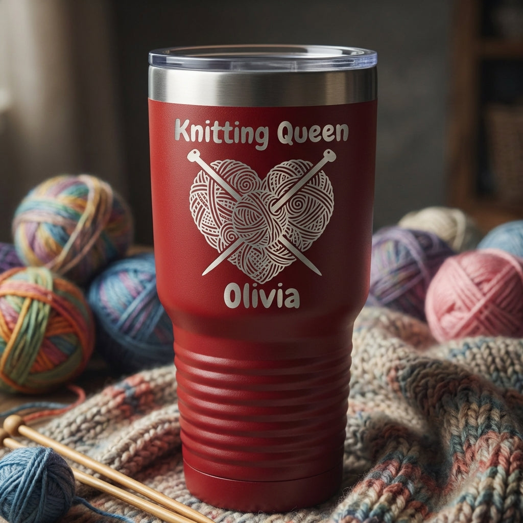 Personalized Knitting Queen Tumbler Gift - Crafter Birthday Present - Laser Engraved 30oz Insulated Cup - Custom Name - View 9