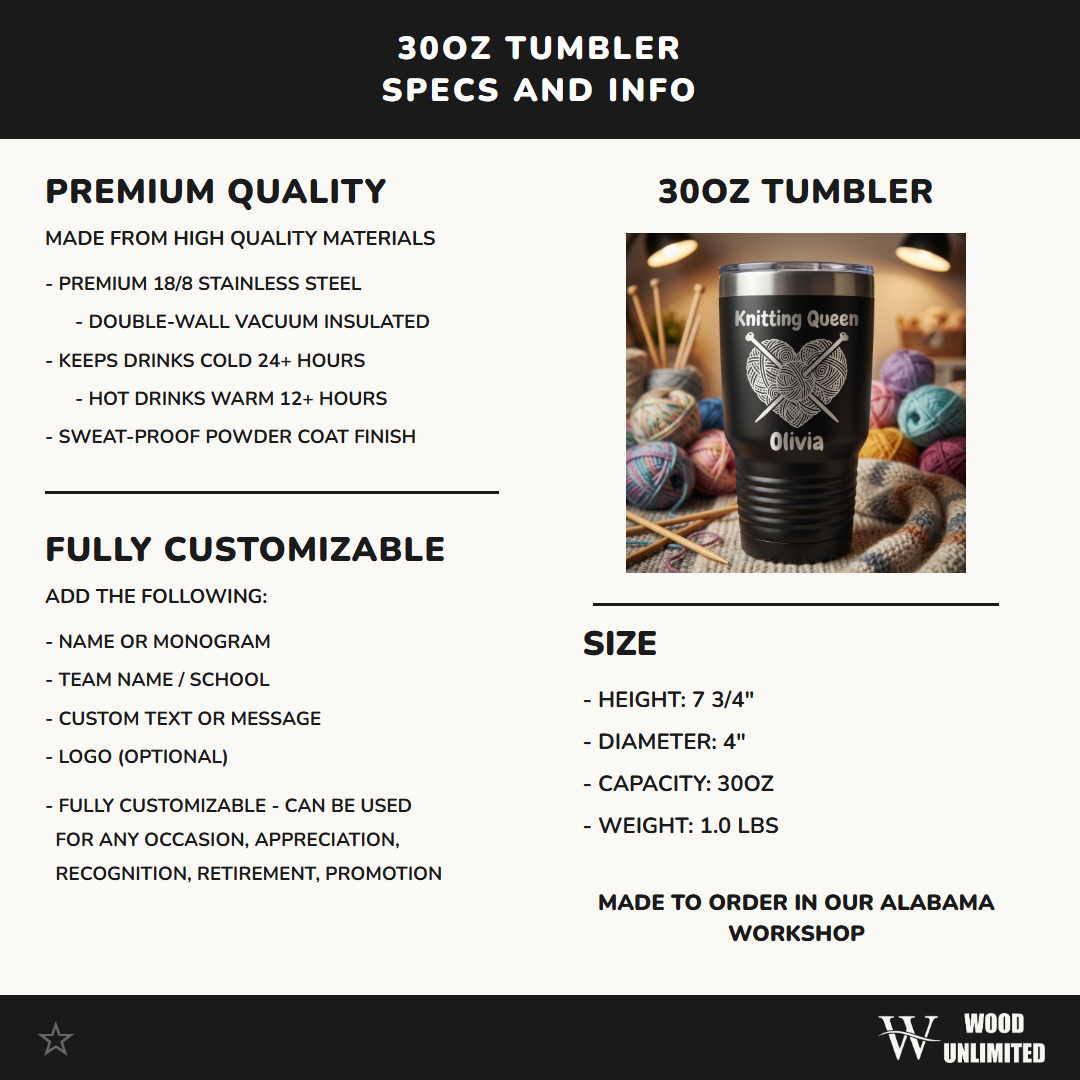 Personalized Knitting Queen Tumbler Gift - Crafter Birthday Present - Laser Engraved 30oz Insulated Cup - Custom Name