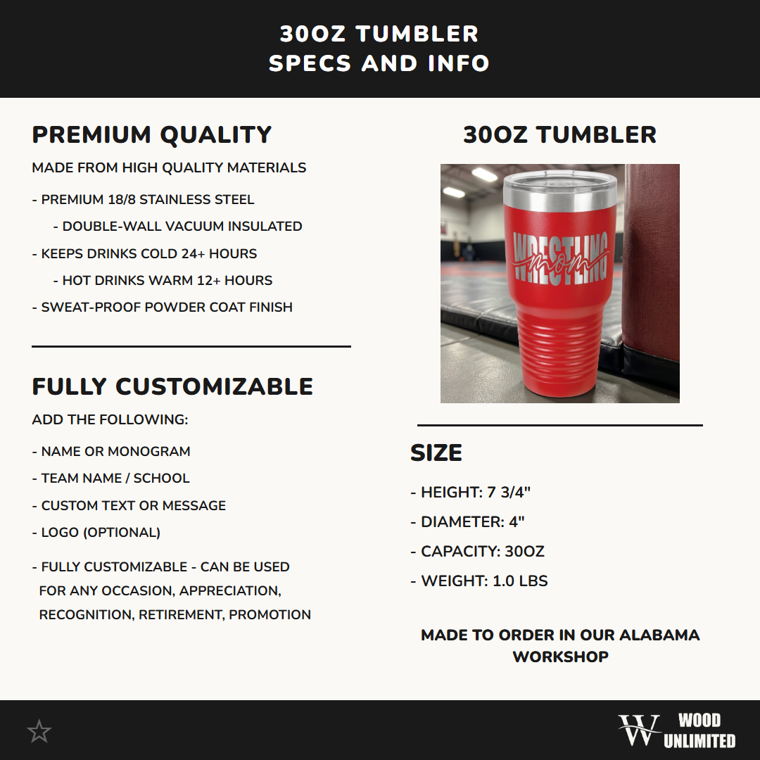 Personalized Wrestling Mom Custom Laser Engraved 30oz Tumbler – Personalized Tournament & Team Gift