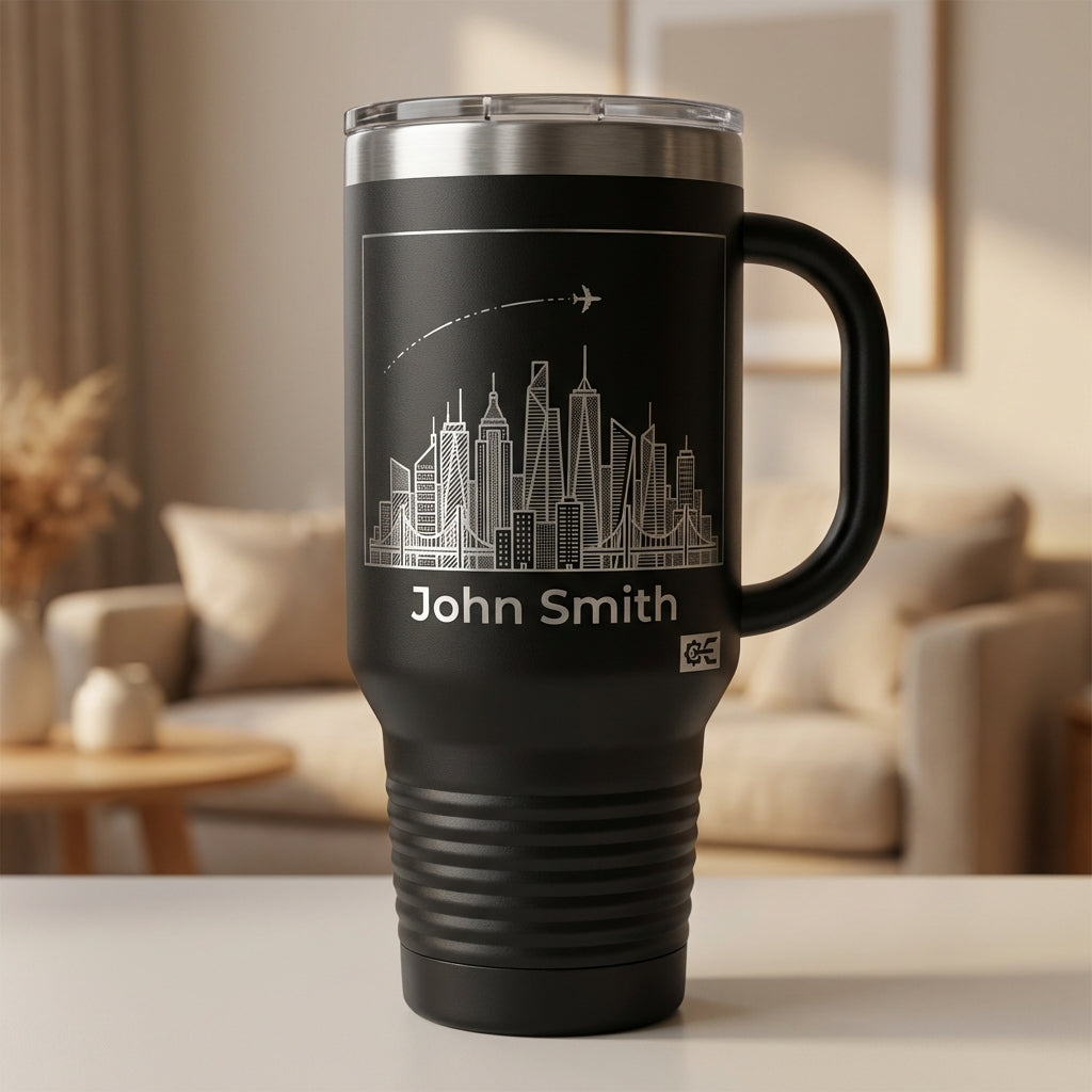 Personalized Travel Tumbler 40oz with Handle - Cityscape & Airplane Trail - Custom Name Gift for Traveler - Laser Engraved Mug - View 1