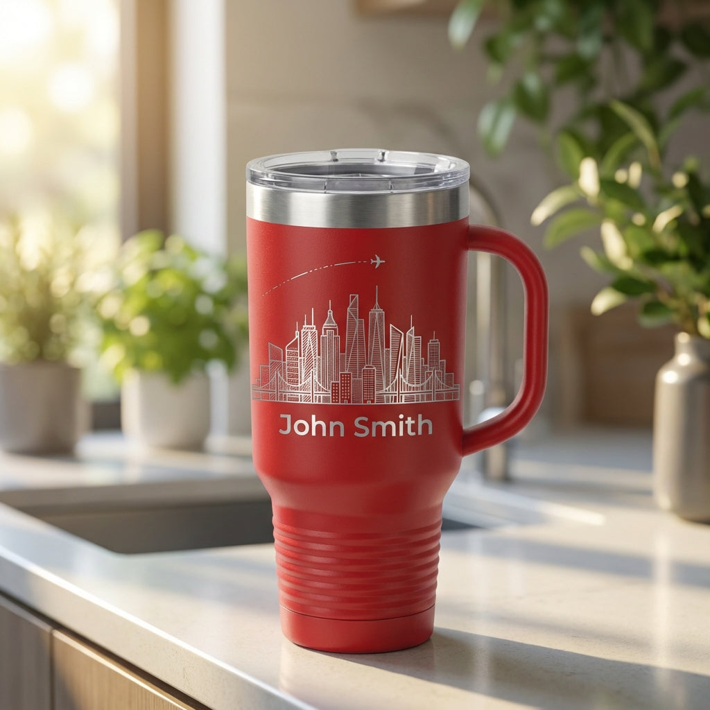 Personalized Travel Tumbler 40oz with Handle - Cityscape & Airplane Trail - Custom Name Gift for Traveler - Laser Engraved Mug - View 2