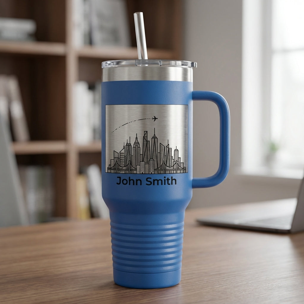 Personalized Travel Tumbler 40oz with Handle - Cityscape & Airplane Trail - Custom Name Gift for Traveler - Laser Engraved Mug - View 3