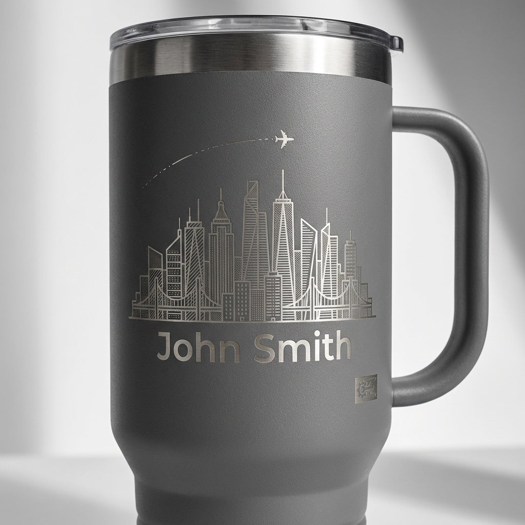 Personalized Travel Tumbler 40oz with Handle - Cityscape & Airplane Trail - Custom Name Gift for Traveler - Laser Engraved Mug - View 4