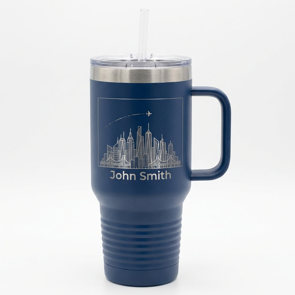 Personalized Travel Tumbler 40oz with Handle - Cityscape & Airplane Trail - Custom Name Gift for Traveler - Laser Engraved Mug - View 5