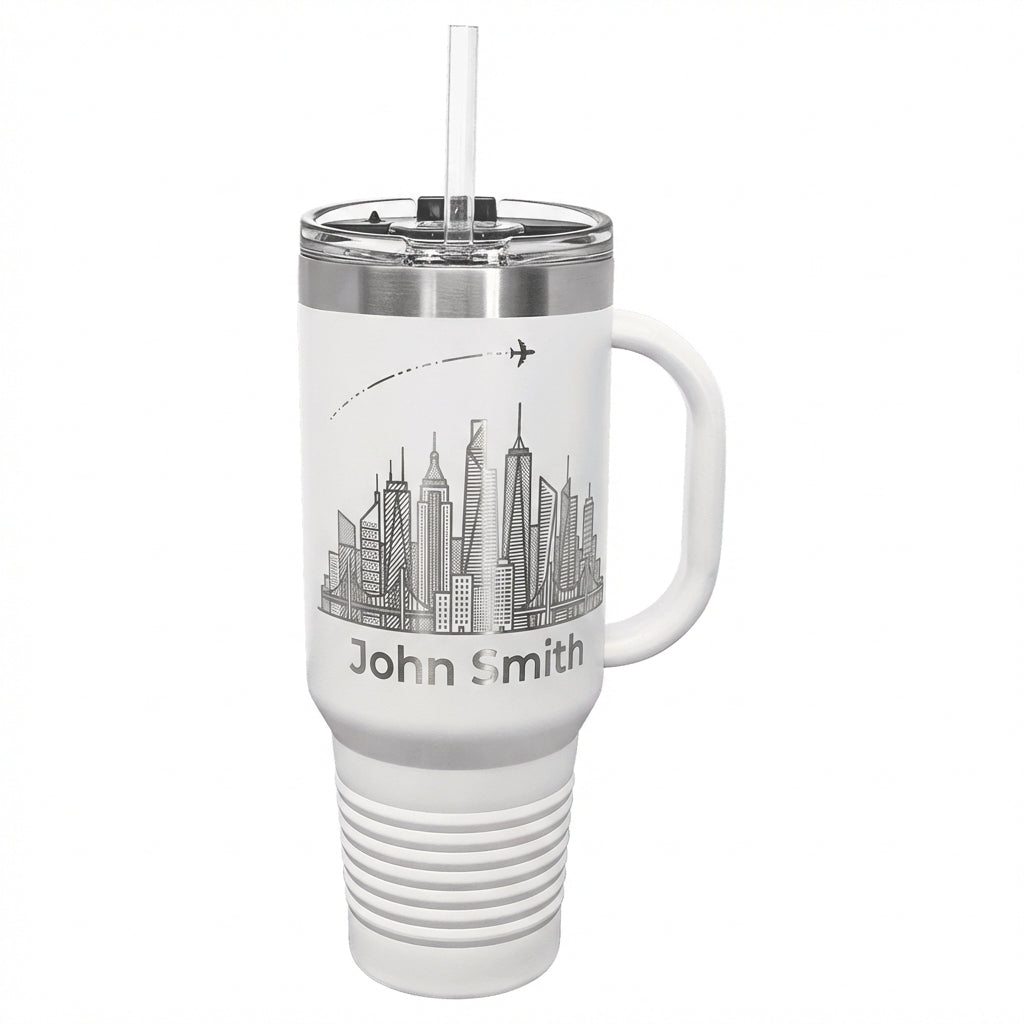 Personalized Travel Tumbler 40oz with Handle - Cityscape & Airplane Trail - Custom Name Gift for Traveler - Laser Engraved Mug - View 6